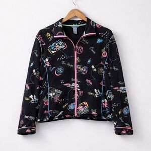 Vintage Koret Novelty Travel Print Jacket XL Black Pink Piping Bon Voyage